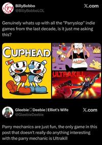 A tweet calling Cuphead, Pizza Tower and Ultrakill "parryslop." A comment claims that Ultrakill is the worst offender of the bunch.