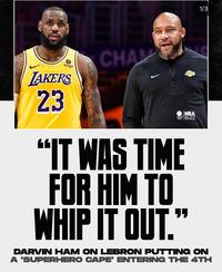 1/3 bibigo LAKERS 23 CHA JAKERS NBA wwwBUZZ "IT WAS TIME FOR HIM TO WHIP IT OUT." DARVIN HAM ON LEBRON PUTTING ON A 'SUPERHERO CAPE' ENTERING THE 4TH
