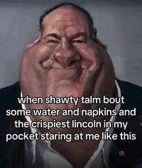 when shawty talm bout some water and napkins and the crispiest lincoln in my pocket staring at me like this