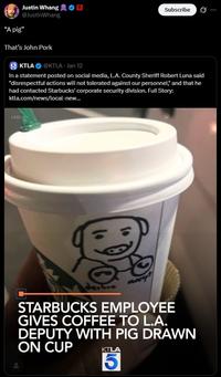 A tweet reply from YouTuber Justin Whang about the KTLA story involving a Starbucks employee drawing a John Pork meme on a police officer's coffee cup.