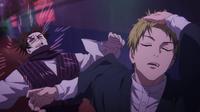 The original frame from the _Jujutsu Kaisen_ anime depicting the fight between Naoya Zenin and Choso in which the former dramatically flips his hair back during the fight.