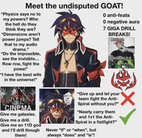 Meet the undisputed GOAT! "Physics says no to my powers? Who the hell do they think they are? "Dimensions aren't power jumps? Tell that to my audio drama." "Do the impossible, see the invisible... Row row, fight the powa!" "I have the best wife in the universe!" O anti-feats O negative aura 7 GIGA DRILL BREAKS! Areal man never speaks ill of ABSOLUTE CINEMA Give me galaxies. Give me a drill. Give me an 11D god and I'll drill though them! NAHID GIGA DRILL BREA "Give up and let your team fight the Anti- Spiral without you?" "Nearly carry them and 1v1 the Anti- Spiral in a fistfight?" Never "if" or "when", but always "does" and "is"!
