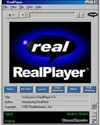 RealPlayer Eile View Clip Sites Help real RealPlayer™ real News Biz/Tech Sports Enter- tainment Music Daily Briefing Title: Author: Welcome to RealPlayer 5.0 Introducing RealFlash Copyright: 1997 RealNetworks, Inc. Stereo Stopped 00:00.0/ 00:00.0 Steven Memories