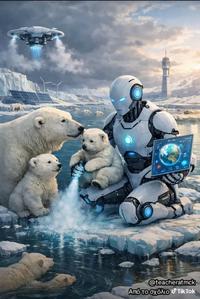 An AI generated image. It shows AI robots helping polar bears.