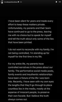 Part one of Brooklyn Beckham's Instagram Stories posts from mid-January 2026 in which he criticized his mother and father over past controversies with his wife, Nicola Peltz, particularly his mother, Victoria Beckham, dancing at their wedding in 2022.