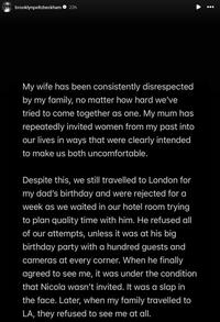Part four of Brooklyn Beckham's Instagram Stories posts from mid-January 2026 in which he criticized his mother and father over past controversies with his wife, Nicola Peltz, particularly his mother, Victoria Beckham, dancing at their wedding in 2022.