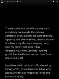 Part six of Brooklyn Beckham's Instagram Stories posts from mid-January 2026 in which he criticized his mother and father over past controversies with his wife, Nicola Peltz, particularly his mother, Victoria Beckham, dancing at their wedding in 2022.