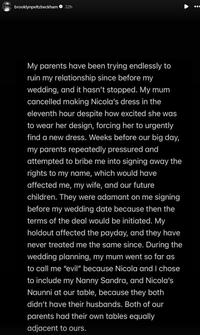 Part two of Brooklyn Beckham's Instagram Stories posts from mid-January 2026 in which he criticized his mother and father over past controversies with his wife, Nicola Peltz, particularly his mother, Victoria Beckham, dancing at their wedding in 2022.