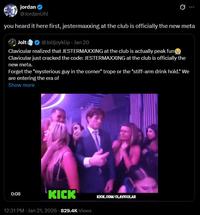 A tweet reading, "you heard it here first, jestermaxxing at the club is officially the new meta." The tweet responds to a clip of Clavicular dancing with girls.