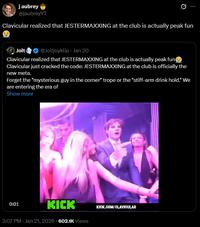 A tweet by J Aubrey. He is making fun of the quote, "Clavicular realized that JESTERMAXXING at the club is actually peak fun 😭."