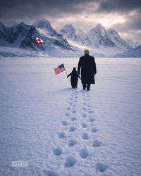 The "Embrace the penguin" meme that the White House posted on Twitter / X during the Nihilist Penguin meme trend, which depicts a photo of a penguin holding an American flag next to Trump with Greenland’s flag planted in the background.