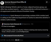 A tweet by Gavin Newsom. He claims California will investigate TikTok censorship claims.