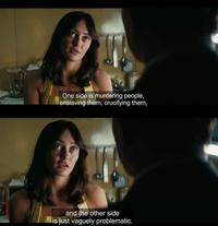 A meme using a scene from season two of the Fallout TV series. In the scene, Lucy, played by Ella Purnell, says, "One side is murdering people, enslaving them, crucifying them, and the other side is just vaguely problematic."