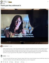 A Reddit post about a scene in Fallout. The scene has Lucy comparing the NCR to the Legion.