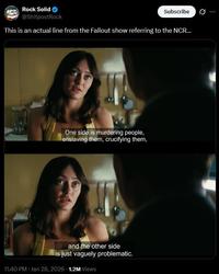 A post reading, "This is an actual line from the Fallout show referring to the NCR..." It shares a quote from Fallout.