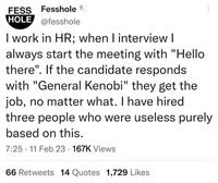FESS Fesshole HOLE @fesshole I work in HR; when I interview I always start the meeting with "Hello. there". If the candidate responds with "General Kenobi" they get the job, no matter what. I have hired three people who were useless purely based on this. 7:25 11 Feb 23 167K Views 66 Retweets 14 Quotes 1,729 Likes