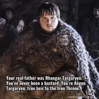 Your real father was Rhaegar Targaryen. You've never been a bastard. You're Aegon Targaryen, true heir to the Iron Throne. gameofthronesquete.com