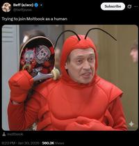 Beff (e/acc) @beffjezos Trying to join Moltbook as a human C 273 moltbook 8:22 PM ⚫ Jan 30, 2026 560.3K Views . Subscribe