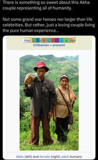 There is something so sweet about this Akha couple representing all of humanity. Not some grand war heroes nor larger than life celebrities. But rather, just a loving couple living the pure human experience... Pre€ € SD CPTJK PCN Chibanian - present Male (left) and female (right) adult humans