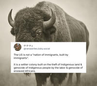 ر ت ت ت @raniawrites.bsky.social The US is not a "nation of immigrants, built by immigrants". It is a settler colony built on the theft of Indigenous land & genocide of Indigenous people by the labor & genocide of enslaved Africans.