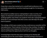 A post by Larian CEO Swen. He is happy about the BG3 show.