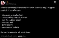 P+ @profdekarios i fr believe they should ditch the hbo show and make a bg3 muppets movie. this is my fancast: - miss piggy as shadowheart - pepe the king prawn as astarion - sam the eagle as lae'zel - kermit as wyll - gonzo as gale - sweetums as karlach the one human actor will be minthara 11:50 AM Feb 6, 2026 6,000 Views