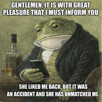 GENTLEMEN, IT IS WITH GREAT PLEASURE THAT I MUST INFORM YOU SHE LIKED ME BACK, BUT IT WAS AN ACCIDENT AND SHE HAS UNMATCHED ME.