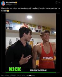 A Twitter post sharing a clip of Clavicular at an ASU party. It reads, "Clavicular ran into a frat leader at ASU and got brutally frame mogged by him."