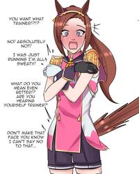 YOU WANT WHAT TRAINER!?!? NO! ABSOLUTELY NOT! I WAS JUST RUNNING I'M ALL\ SWEATY! WHAT DO YOU MEAN EVEN BETTER!? ARE YOU HEARING YOURSELF TRAINER? DON'T MAKE THAT FACE YOU KNOW I CAN'T SAY NO TO THAT...