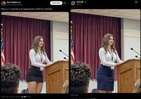 A post asking Grok to give teacher Camila Parker an appropriate outfit. Grok extends her skirt. She is an AI model.