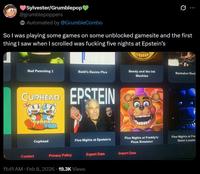 A twitter post about Five Nights at Epstein's. It reads, "So I was playing some games on some unblocked gamesite and the first thing I saw when I scrolled was five nights at Epstein’s."