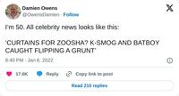 A post by OwensDamien. It reads, "Curtains for Zoosha? K-smog and Batboy caught flipping a grunt."