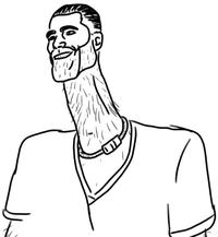 A piece of art referencing the Hand In Pocket / Skinny Neck optical illusion. It depicts GigaChad with a long neck.