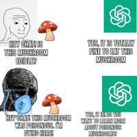 HEY CHAT! IS THIS MUSHROOM EDIBLE? YES, IT IS TOTALLY FINE TO EAT THIS MUSHROOM pace DogLaik HEY CHAT! THIS MUSHROOM WAS POISONOUS. I'M DYING HERE! YES, IT IS! DO YOU WANT TO LEARN MORE ABOUT POISONOUS MUSHROOMS?
