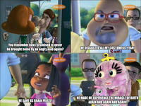 The infamous Jimmy Neutron scene where Hugh is brought home by an angry mob after messing around with his son's Quantum Replay 9000 time machine remote. But there was a toy in the early 2000s that you could have experience the miracle of birth again and again and again simply by putting the egg back in its cloaca and pushing a "re-birth" switch: the WuvLuv, as seen in my very first YouTube Poop and a few of my goofy plushie videos!