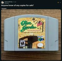 A post on the game collecting subreddit. It asks for copies of Olive Garden N64.