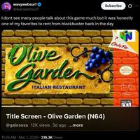 A tweet by Wavywebsurf. It shares an image of an Olive Garden video game and reads, "I dont see many people talk about this game much but it was honestly one of my favorites to rent from blockbuster back in the day."