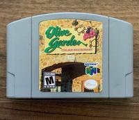 A Nintendo 64 cartridge for an Olive Garden video game. The game does not exist.
