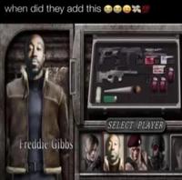 An edit of Resident Evil 4's The Mercenaries mode player select screen. It shows Freddie Gibbs as a playable character. A top caption reads, "when did they add this."