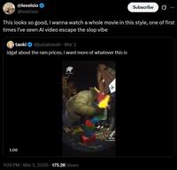 A reaction to The Shape Store. It reads, "This looks so good, I wanna watch a whole movie in this style, one of first times I've seen AI video escape the slop vibe."