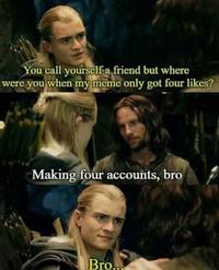You call yourself a friend but where were you when my meme only got four likes? Making four accounts, bro Bro...