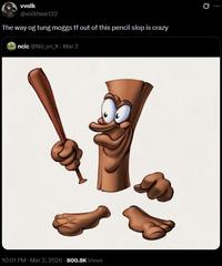 A tweet reading, "The way og tung moggs tf out of this pencil slop is crazy." It is reacting to some Triple T art.
