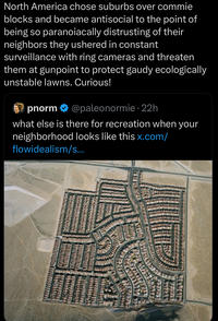 North America chose suburbs over commie blocks and became antisocial to the point of being so paranoiacally distrusting of their neighbors they ushered in constant surveillance with ring cameras and threaten them at gunpoint to protect gaudy ecologically unstable lawns. Curious! pnorm❤ @paleonormie - 22h what else is there for recreation when your neighborhood looks like this x.com/ flowidealism/s... SHEPHERIA SULER FILED ARTISTELE FIFIED