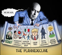 WE ARE HERE. 1 STOP 3 5 сл CENSORSHIP INFORMATION SCAPEGOAT FEAR! CONTROL & SOCIAL/ETHNIC CAESAR RISES GROUP MARTIAL LAW AND CHECKPOINTS THE PLANNEDECLINE 666 ,, ། ། །” EPSTEIN PEDOCRACY ROLLOUT