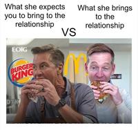 What she expects you to bring to the relationship EOIG BURGER KING DTK What she brings to the relationship VS ETTY WAY