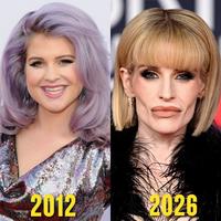 A before and after pic of Kelly Osbourne. It compares her in 2012 to 2026.