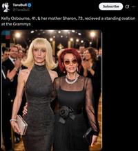 TaraBull @TaraBull Subscribe Ø Kelly Osbourne, 41, & her mother Sharon, 73, recieved a standing ovation at the Grammys