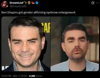 A tweet sharing an unedited and edited image of Ben Shapiro. It reads, "Ben Shapiro got gender affirming eyebrow enlargement."