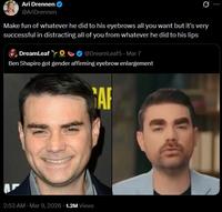 A tweet reading, "Make fun of whatever he did to his eyebrows all you want but it's very successful in distracting all of you from whatever he did to his lips."