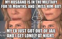 MY HUSBAND IS IN THE MILITARY FOR 18 MONTHS, AND I MISS HIM, BUT COS 30 42223 12 MY EX JUST GOT OUT OF JAIL AND I GET LONELY AT NIGHT. 5√2